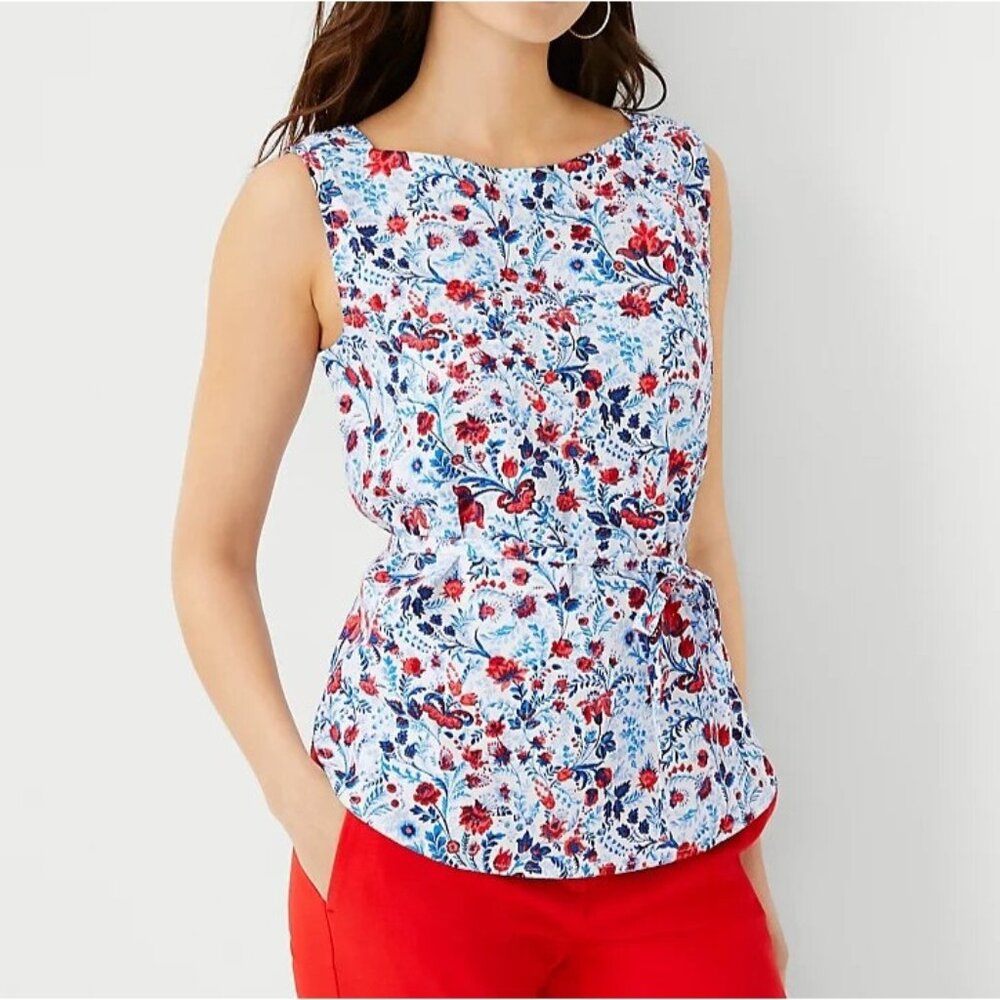 NEW $79 Ann Taylor Womens XL Floral Linen Blend Belted Gusset Top Sleeveless